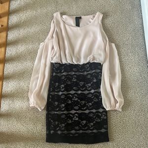 Trixxi Cold Shoulder Pink Sheer Long Sleeve Black Lace Dress Small